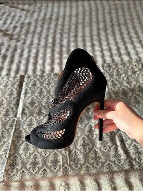Alaïa Black Suede Mesh Peep-Toe Stiletto Heels